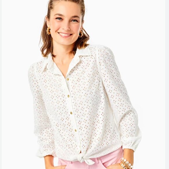 Lilly Pulitzer Eyelet Button Down Blouse XL | Coastal Resort Spring Top - Picture 4 of 12